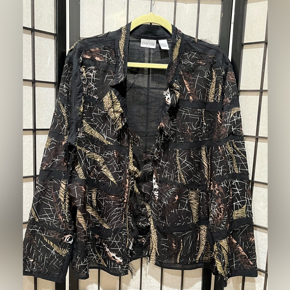 Chico's Elegant Black Cotton/SILK Blend WHISPY TATTERED UNIQUE JACKET SIZE 3(16) - Picture 10 of 12
